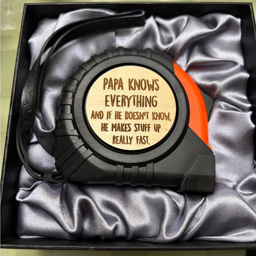 Black and Orange Tape Measure with Engraved Message 25ft